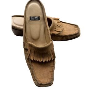 Stuart Weitzman suede Kiltie Fringe slip on mules tan 7